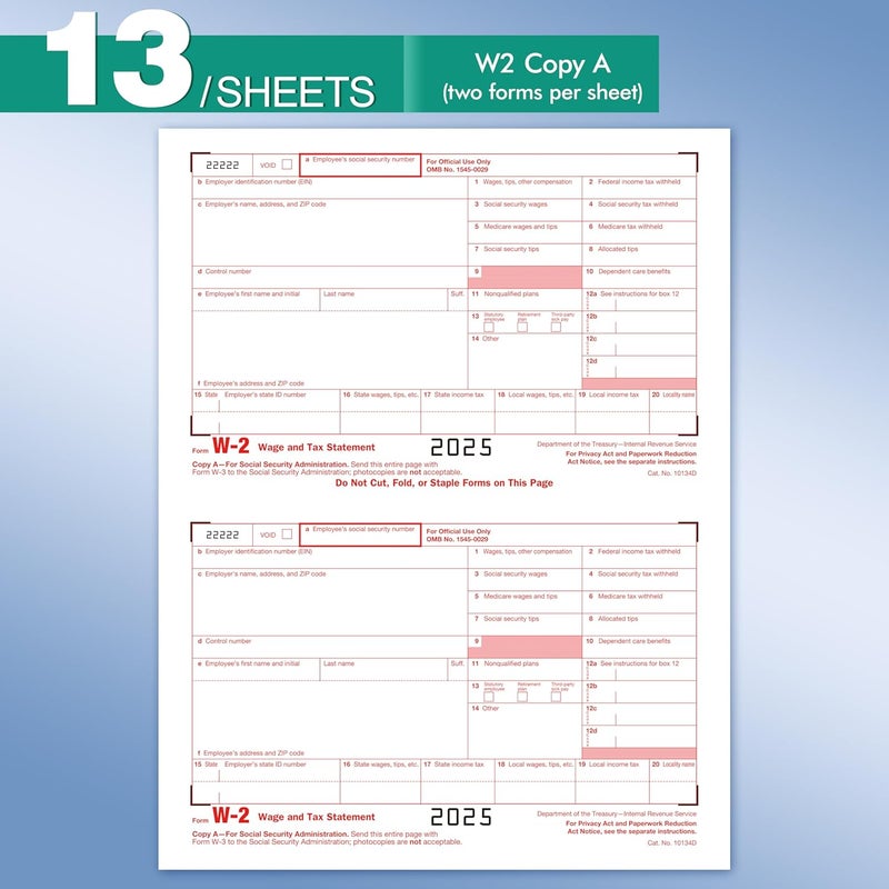 Yeplan W2 Tax Forms 2025 with Envelopes, 4 Part Tax Forms 2025, 25 Employee Kit of Laser Forms with 3 W3, with 25 Self Seal Envelopes - Image 2